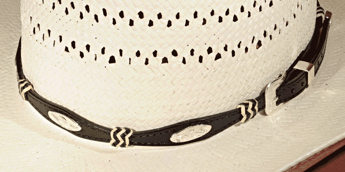 Black Scalloped Leather Hat Band with Oval Concho and Rawhide Buttons