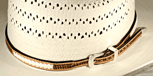 Natural Tone Basketweave Leather Hat Band with white rawhide lace