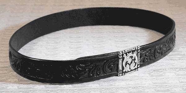 Black Carved Leather Hat Band with Square Concho Buckle