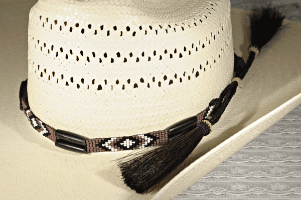 Mauve, Purple and White Diamonds Bead and Bone Hat Band with Horse Hair Tassels