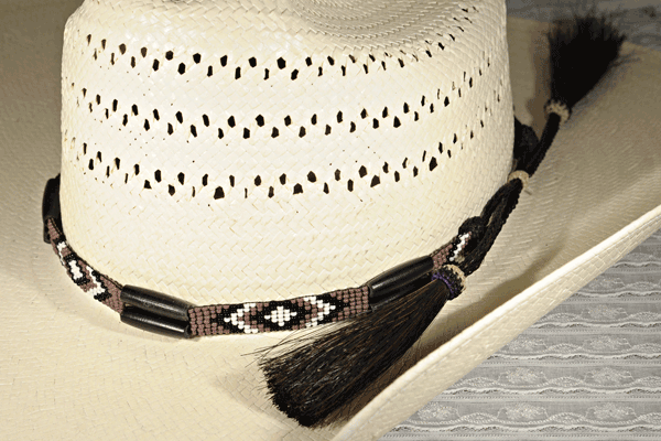 Mauve, Purple and White Diamonds Bead and Bone Hat Band with Horse Hair  Tassels