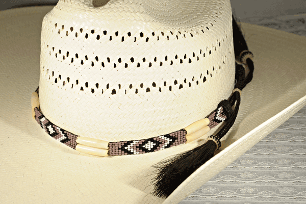 Mauve, Purple and White Diamonds Bead and White Bone Hat Band with Horse Hair Tassels