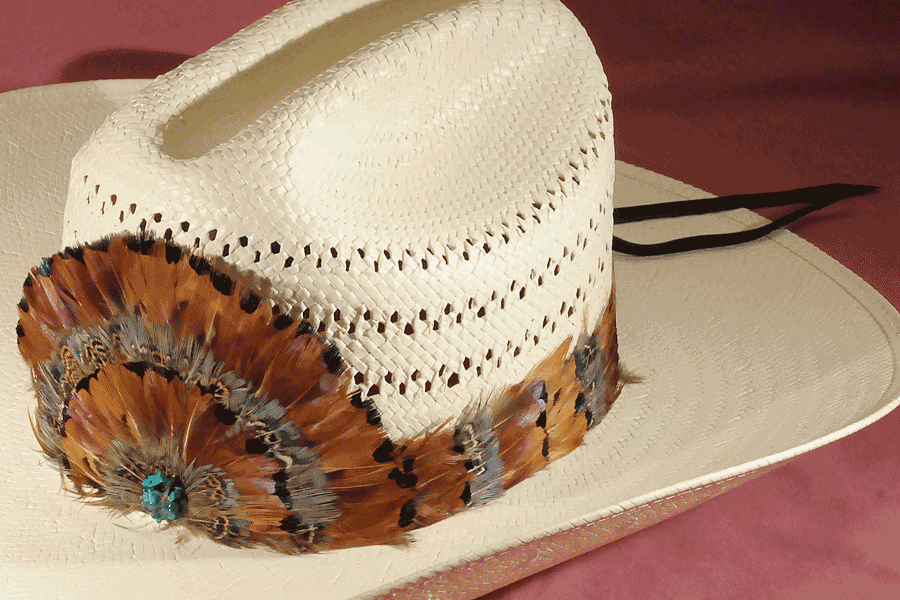 Feather Hat Band with Brown, Black and Blue Crown and a Turquoise Stone Center