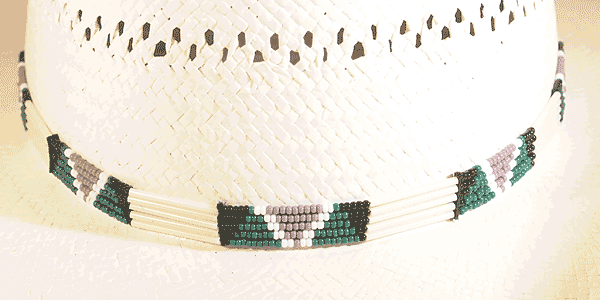 Black, Greeen, White and Mauve Five Strand Glass Quill Hat Band with Beads