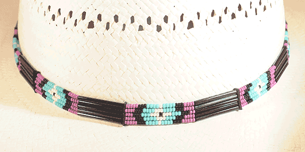 Purple, Black, Turquoise and White Glass Quill Five Strand Hat Band with Beads