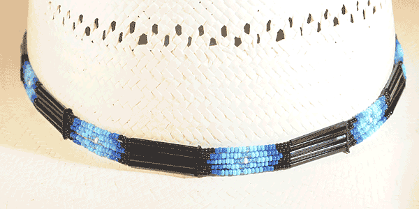 Five Strand Glass Quill Hat Band with Black, Blue and White Beads