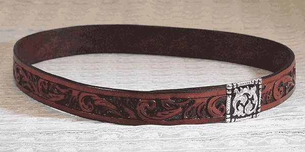 Brown Carved Leather Hat Band with Square Concho Buckle